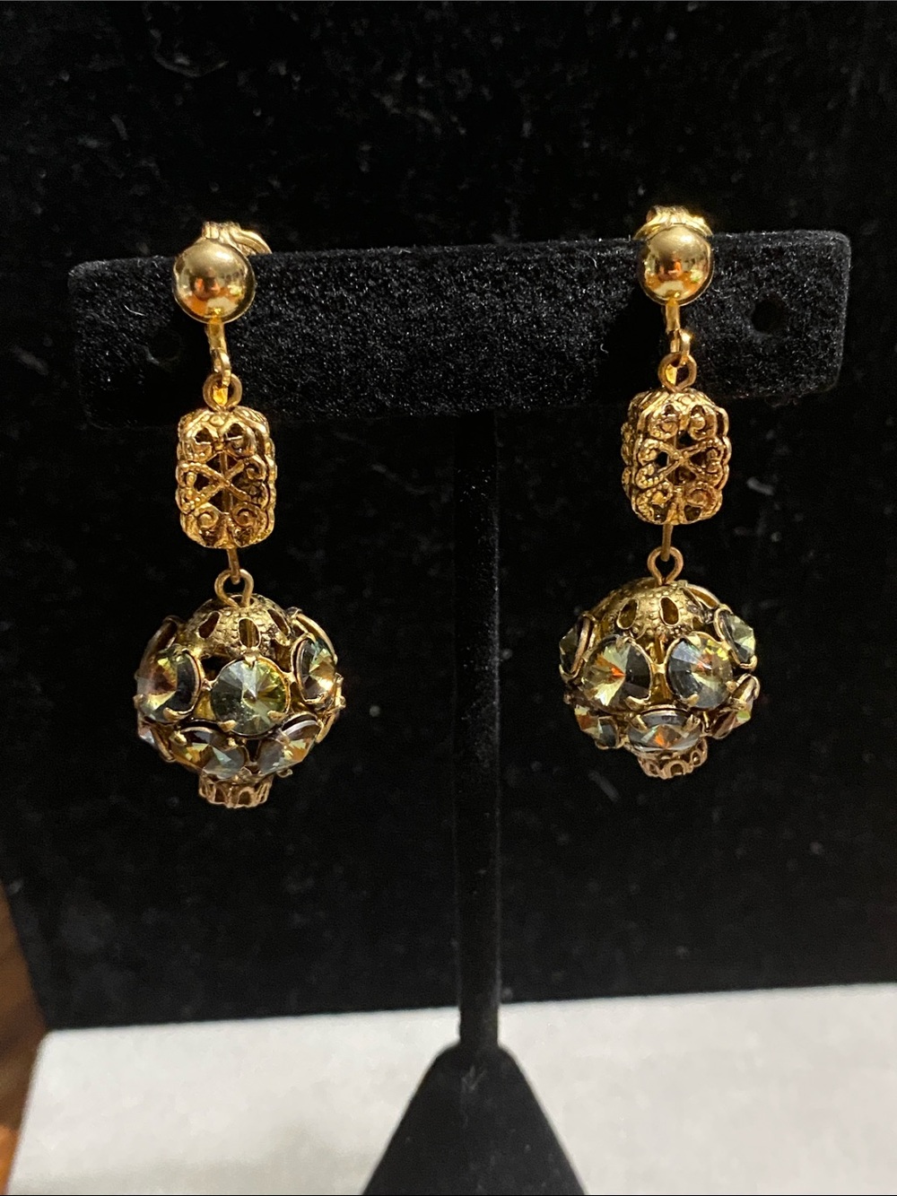 Gold Filigree Drop Earrings with Iridescent Rivoli Crystal Accents
